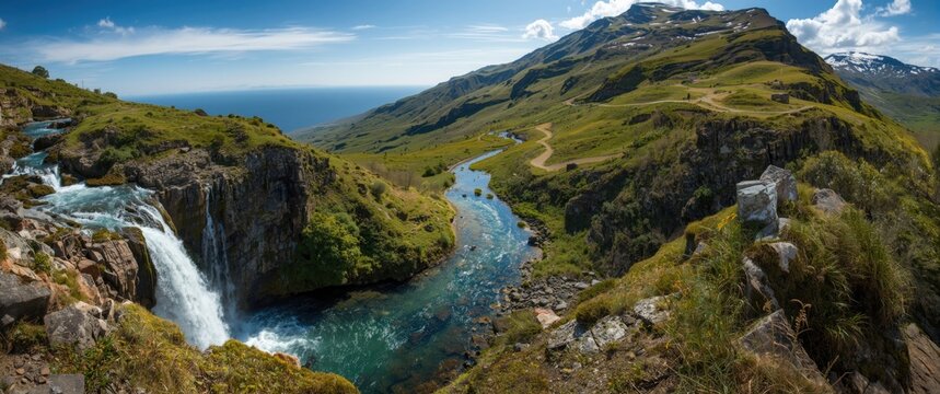 The Waterfall of Circassia amid Mountain Ranges and the Black Sea