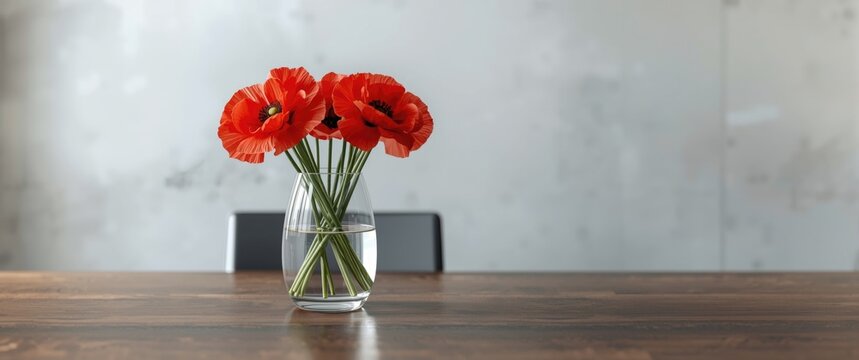 Front view of an office desk featuring a vase with red poppies