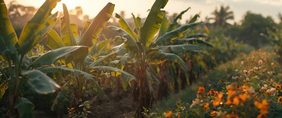 Obraz premium Rural banana farm with newly planted banana trees