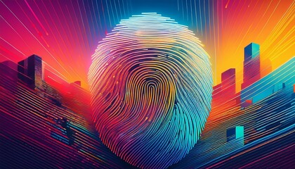 abstract urban landscape with central fingerprint on colorful background