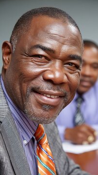 A man with a mustache and a tie is smiling at the camera. He is wearing a suit and tie, and he is in a professional setting