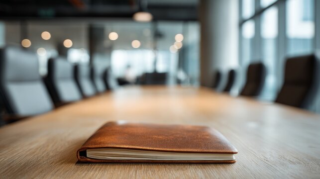 Notebook on a clean desk in an office setting with natural light and empty chairs inviting focus and decision-making
