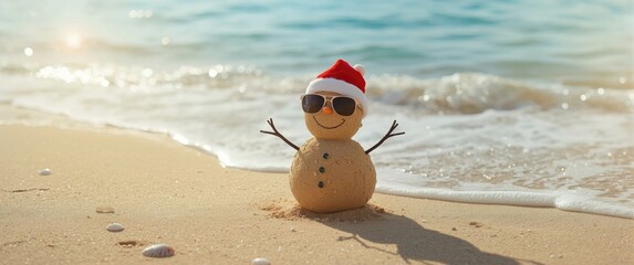 Obraz premium Happy sandy snowman with a red santa hat by the ocean beach