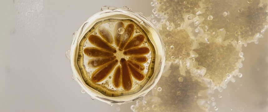 Marine microalgae Climacosphenia of the family Climacospheniaceae, preserved using Lugol at 400x magnification
