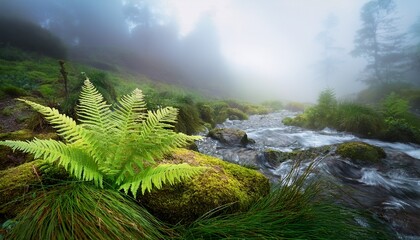 lush green fern on mossy rock by misty stream