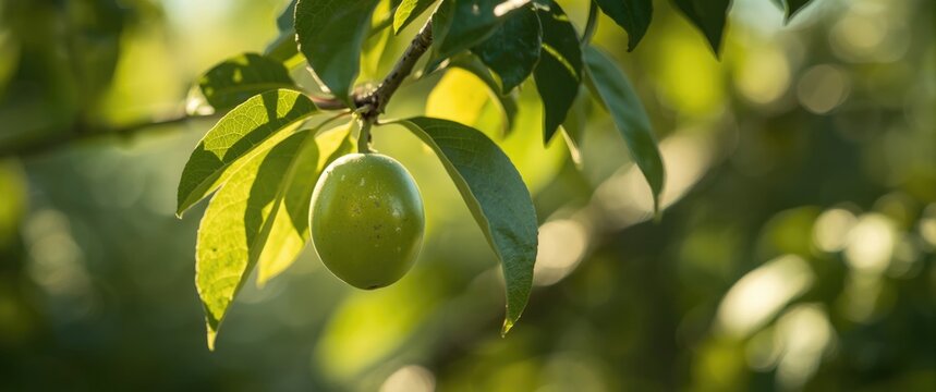 Summer view of a green plum on a tree branch in an Australian orchard, close-up of the young fruit with green leaves, unripe green plums developing