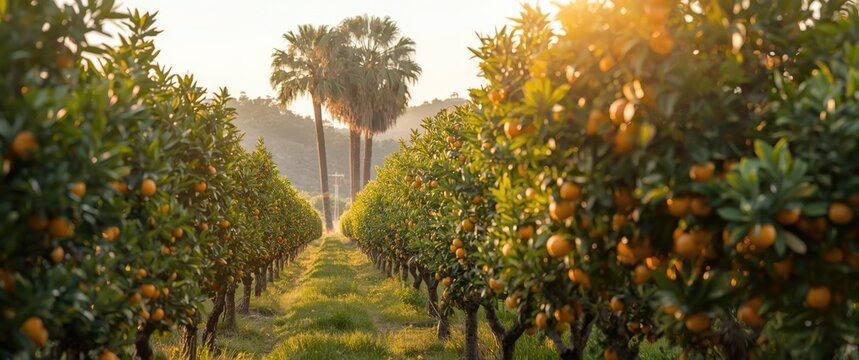 Oranges and palm trees in a grove of citrus trees