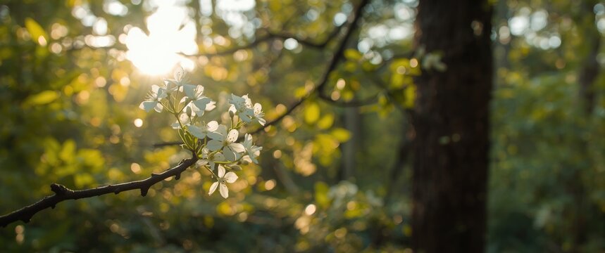 Small white Wrightia religiosa Benth flowers set against a nature background featuring trees, leaves, and sunlight in summer and spring