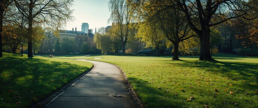 Stone Pathway through Green Park with Sunlit Pavement and Lawn