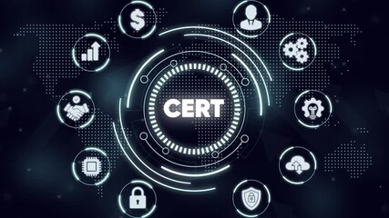 C E R T cybersecurity certification technology concept with and symbols