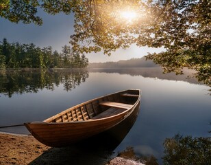 serene lake scene with wooden boat sunlight filtering through t