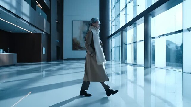 man in coat and hat stands in lobby beside tall window. reflection stretches across polished floor and along glass wall. architecture layers create rhythm. light accentuates form and shadow. tone