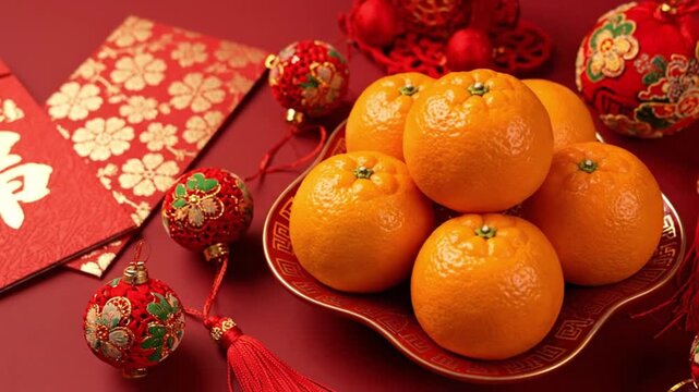 A vibrant, close-up display of festive and traditional items set against a rich red background. The scene features auspicious red envelopes adorned with elegant golden patterns, suggesting good fortun