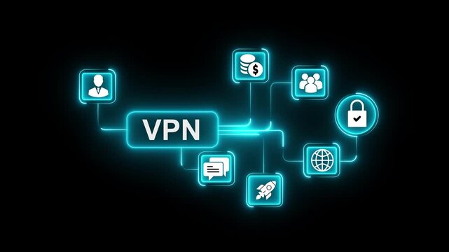VPN user experience design process flowchart icons connecting to global network and business growth concepts on digital black background