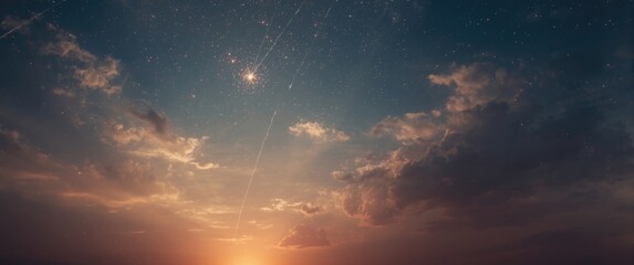Fototapeta premium Meteor shower at sunset featuring falling meteorites and shooting stars against a cloudy sky