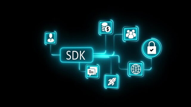 SDK user experience design process flowchart icons connecting to global network and business growth concepts on digital black background