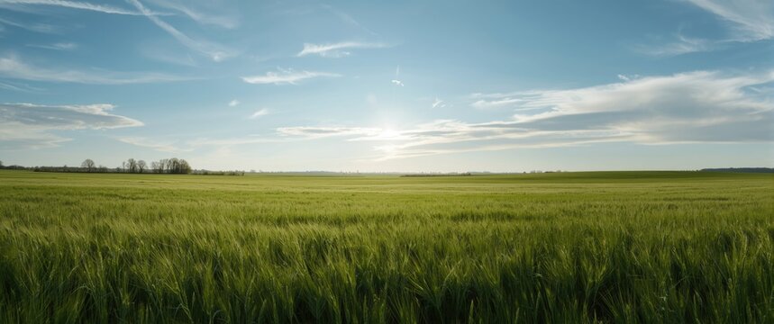 Green wheat field bathed in spring sunlight