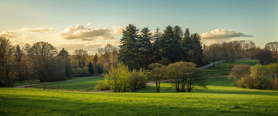 Obraz premium Landscape of a spring park with trees and fir trees along the road, summer scene, travel, nature, city, grass, road