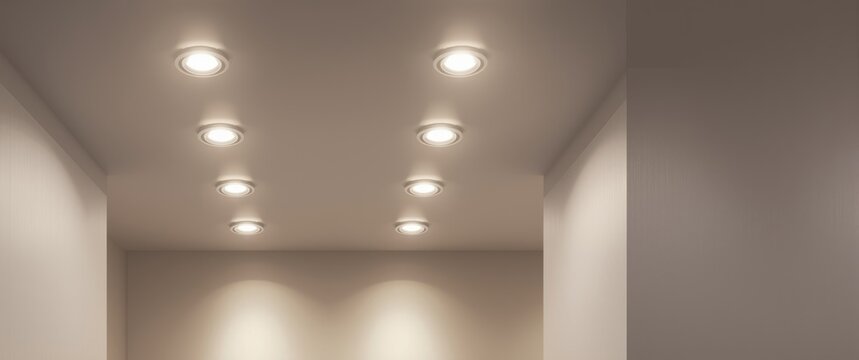 White spot lights on ceiling: Detailed mockup featuring LED spotlights, lamps, and artificial lighting elements for interior illumination
