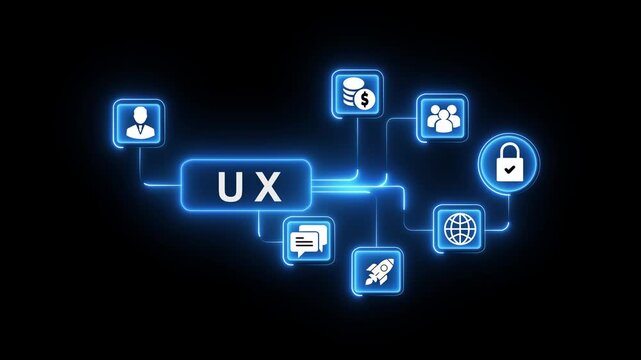 U X user experience design process flowchart icons connecting to global network and business growth concepts on digital black background