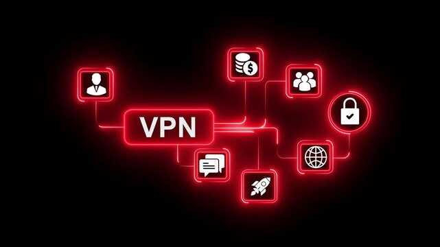 VPN user experience design process flowchart icons connecting to global network and business growth concepts on digital black background