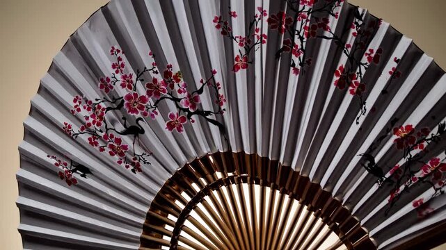 Elegant video concept featuring a close-up of a traditional folding fan with cherry blossoms, captured from a low angle against a soft, neutral background.