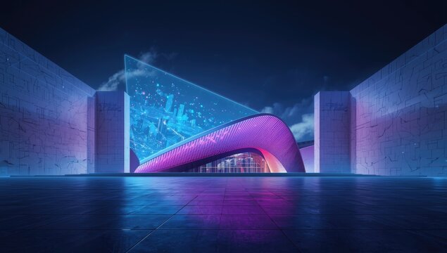 Nighttime cityscape showcasing holographic and augmented reality elements with neon lighting, highlighting smart city infrastructure - Powered by Adobe