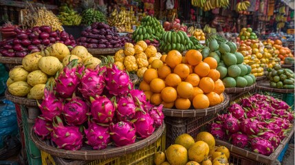 Vibrant assortment of fresh tropical fruits at a busy outdoor market during daylight hours