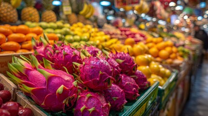 Fresh tropical fruits are on display at a lively market with colorful dragon fruit, oranges, and bananas during the day