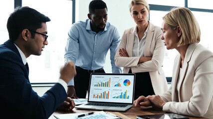 Diverse business team analyzing data on a laptop. Professionals discussing financial charts and graphs in a modern office. Teamwork and corporate strategy concept - Powered by Adobe