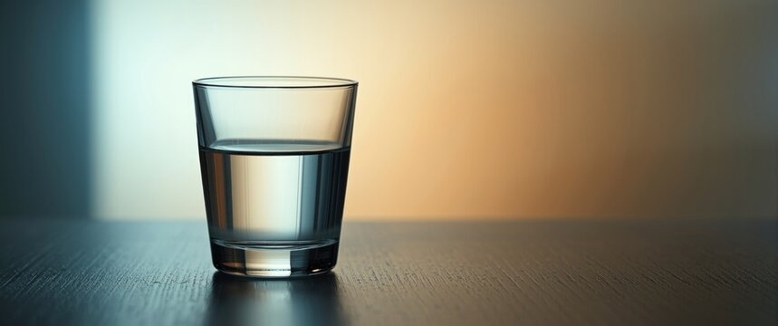 Concepts of positive and negative thinking depicted with a half-full glass of water on the table