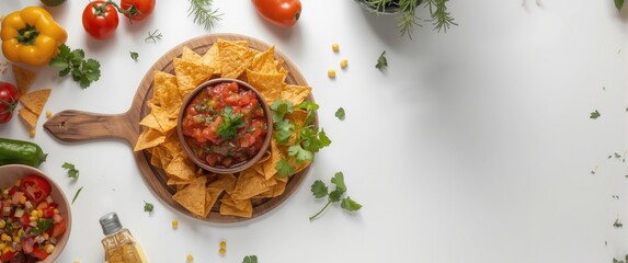 Serving board with a bowl of delicious salsa, nachos, and ingredients on a white background, food, cooking, healthy, red, tomato