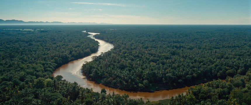 Aerial shot showcasing the river flowing amidst thick forests