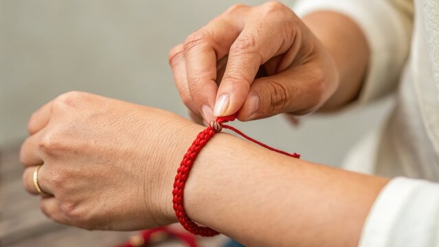 A person tying a red string bracelet on their wrist, showcasing intricate craftsmanship and attention to detail.