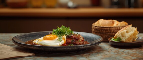 Vietnamese steak and eggs entree seen from a different angle