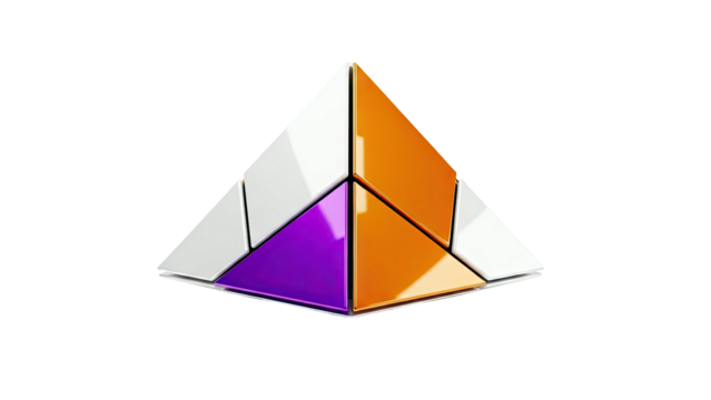 Geometric Pyramid Sculpture with White, Orange, and Purple Panels - Powered by Adobe