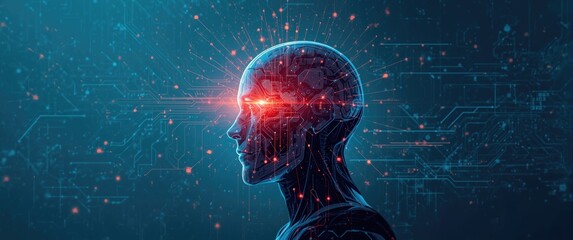 Deep machine learning and big data processing in an AI neural network, showcasing an abstract AI interface and a cybernetic head with electronic brain and neuron signals