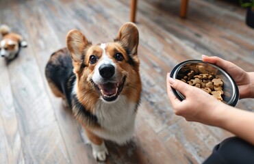 Happy dog Waiting for Food, a joyful moment of pet mealtime anticipation. Ideal for pet food promotions, pet lifestyle content, or animal care visuals.