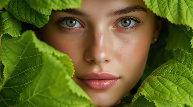 Portrait of a young woman with hazel eyes framed by green leaves. Natural beauty and organic skincare concept