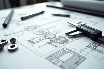 Engineering Blueprint with Precision Measuring Tools and Components.