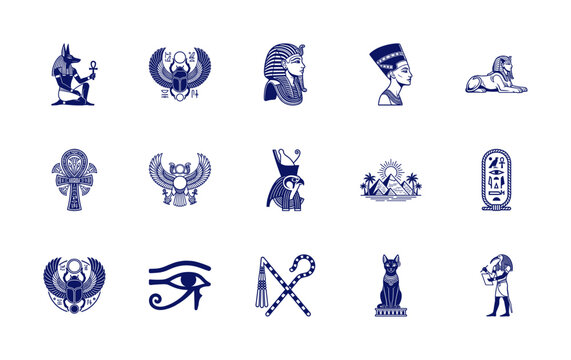 Engraved Blue Ancient Egyptian Mythology Symbol Graphic Element Kit for Historical Branding and Esoteric Research