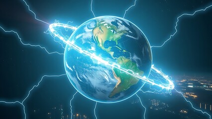 Earth rotates with glowing energy lines connecting to futuristic power stations.