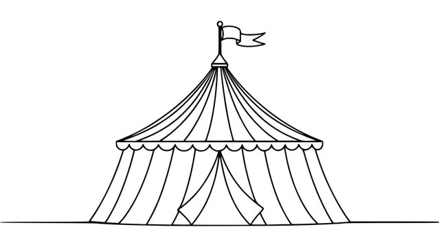 Continuous One Line Art Drawing of Vintage Striped Circus Tent with Flag Outline