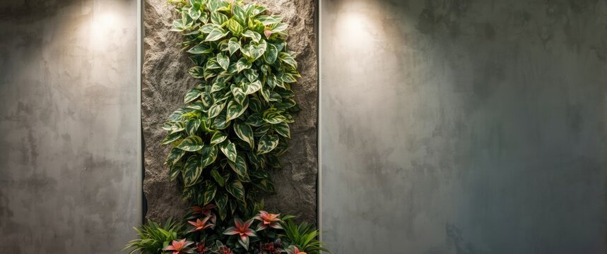 Climbing wall with marble queen pothos and bromeliad plants