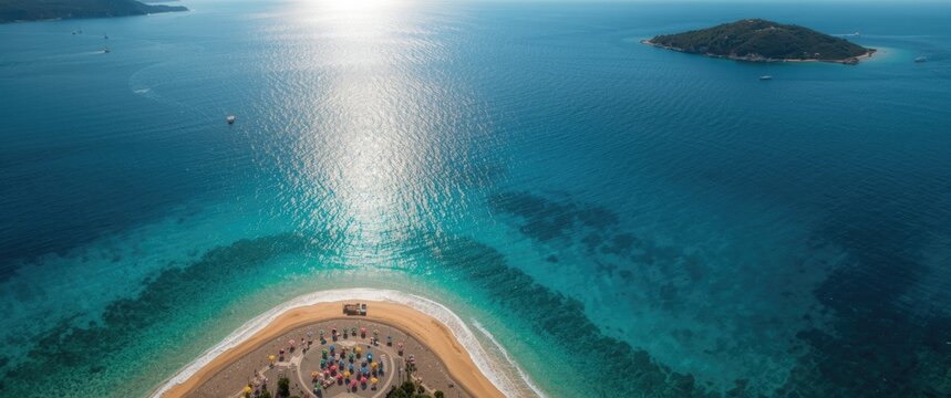 Bird's-eye view of Simos beach located on Elafonisos, a Greek island in the Peloponnese with pristine waters