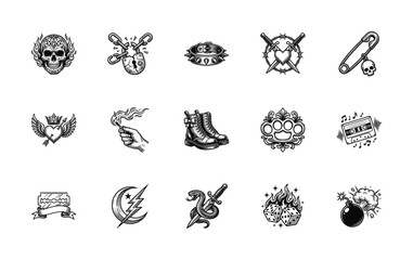 Fototapeta premium Vintage Woodcut Style Punk Rock Culture Graphic Asset Sheet for Alternative Fashion and Edgy Tattoo Design