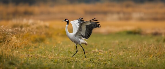 Obraz premium Common crane, grus grus, stretching wings and walking through hay field during autumn. Large feathered bird landing on meadow seen from side view. Animal wildlife in natural habitat.