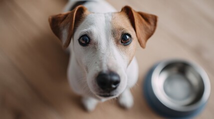Cute Jack Russell Terrier dog looking up at camera near empty food bowl.