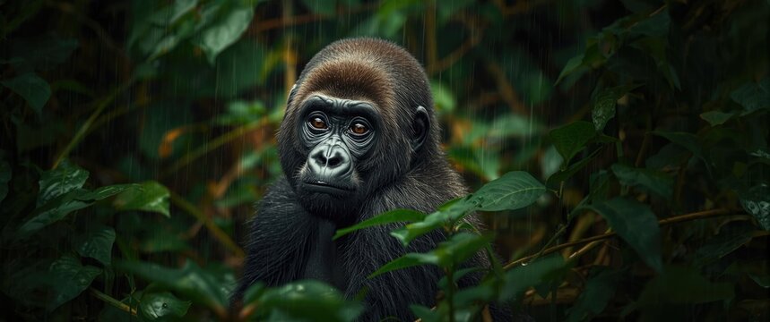 Young lowland gorilla in its native habitat in the Congo rainforest
