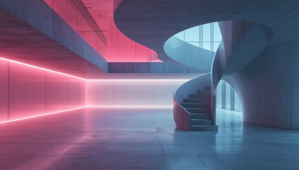 Concrete interior of a minimalist house illuminated by color gradient neon lights, designed for digital UI layouts